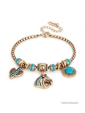 Turquoise Sliding Charm Bracelet - Silver with Gold Plating, Fixed Charms,